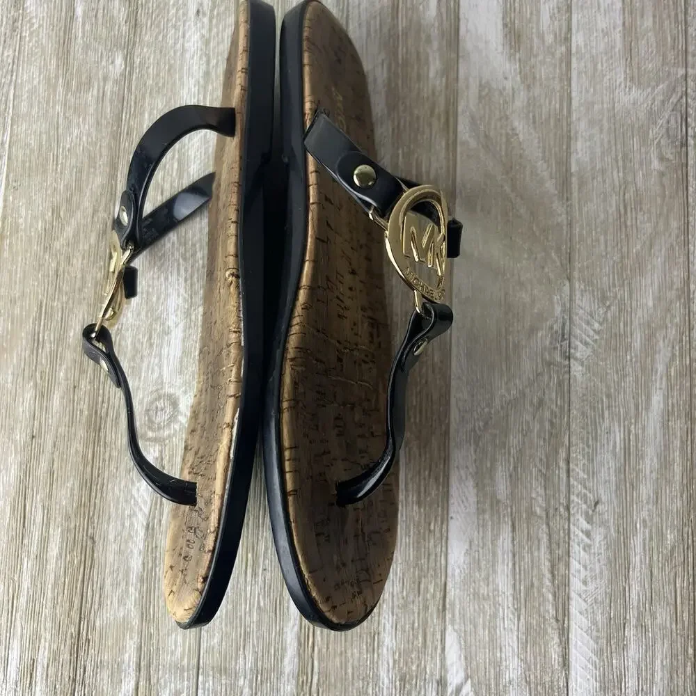 MICHAEL KORS Black Jelly Cork Thongs Flat Sandals Size 7 MK Gold Logo Flip Flops